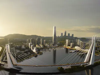 Coastal Marina Cityscape with Landmark Tower and Cable Bridge 3D model