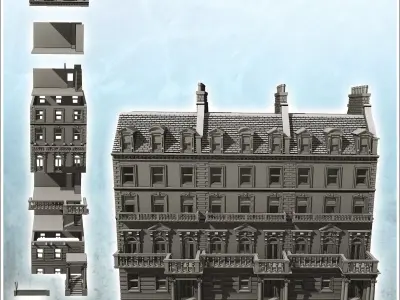 Large modern building with balcony and chimneys with low wall 30 3D print model