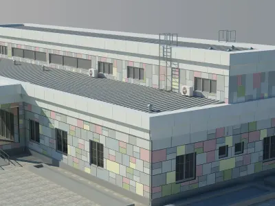 Kindergarten 3D model building in middle of field Low-poly 3D model