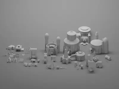 Collection of different low-poly buildings Low-poly 3D model