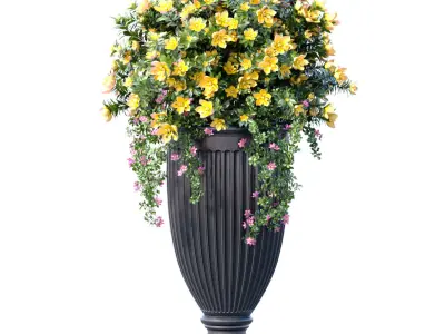 Bouquet of white and yellow Petunia flowers in pots urns vases 3D model