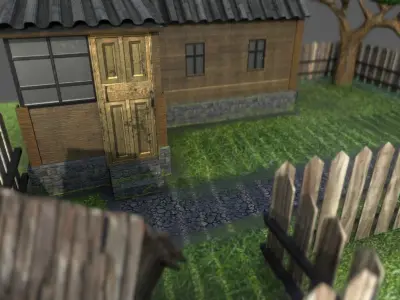 VILLAGE wooden house with fence Low-poly 3D model