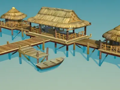 Bungalow - low poly wooden structure with boat Low-poly 3D model