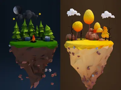 Floating Islands winter summer Spring Autumn Low-poly 3D model Low-poly 3D model