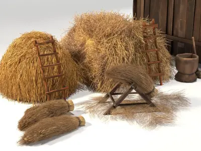 Hand painted medieval stylized farmhouse and farming tool thatch Low-poly 3D model