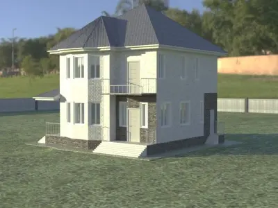 Two-storey brick cottage Low-poly 3D model