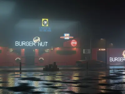 Cyberpunk Low-poly 3D model burger hut in rain 3D model