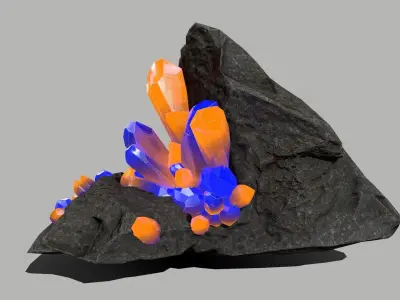 Crystal Set rock with orange and crystals Low-poly 3D model