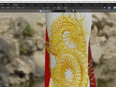Chinese traditional embroidery golden dragon queen party dress Low-poly 3D model
