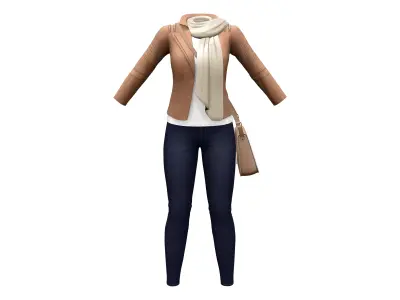 Brown Leather Jacket White Top Navy Denims Handbag Outfit Low-poly 3D model
