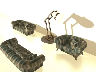 library hallway with old  sofa sets and abundant light facing 3D model