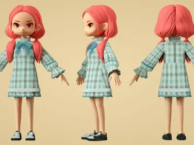 Girls in light green checkered dress 3D model
