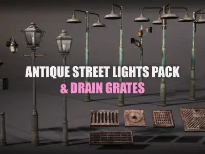Street Lights Pack and Drain Grates Low-poly 3D model