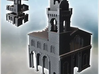 Large classical tile-roofed building with stone walls clock towe 3D print model purchase