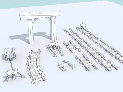 Medieval Mine Cart Tracks - Modular Low-poly 3D model