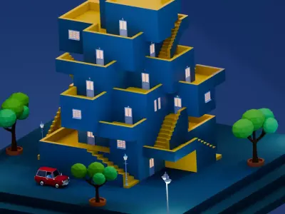 Brutalist Isometric House - Low Poly Game Ready Low-poly 3D model