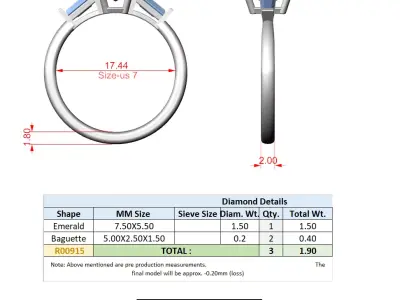 Emerald Cut Three Stone Diamond Ring STL 3DM Model 3D print model