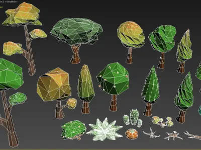 Rustic set Low-poly trees and plants Low-poly 3D model