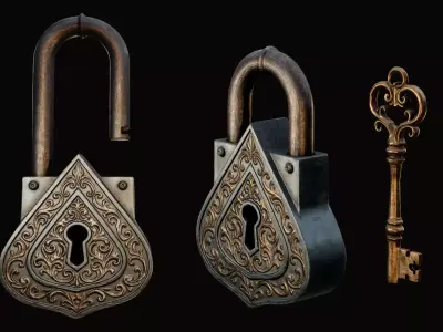 Fantasy Padlock with Key 3 - Game Ready Asset Low-poly 3D model