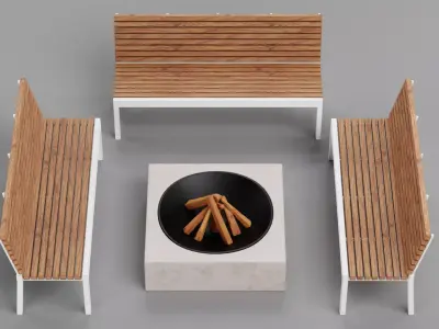 Garden Setup V3 - Wooden Benches with Modern Outdoor Fire Pit Low-poly 3D model