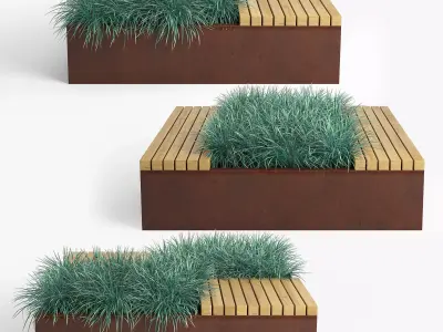 Flowerbed wooden bench with grass 3D model