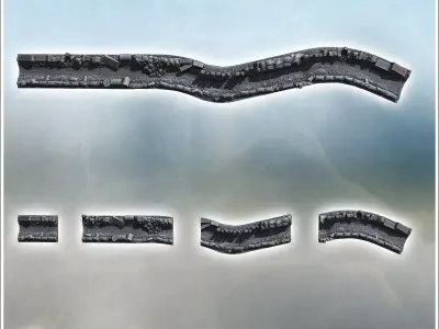 Barrier made of sandbags barrels and debris arranged along a def 3D print model