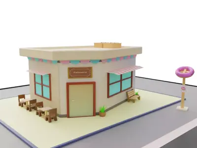 Low Poly Patisserie donut shop with tables and chairs Low-poly 3D model