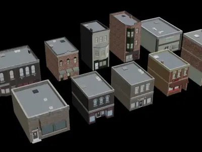 Small Town Row Buildings Pack Low-poly 3D model