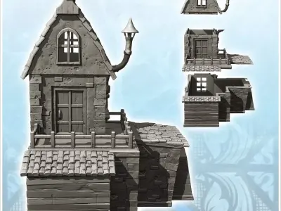 Medieval house with entrance under porch two-storey terrace and  3D print model