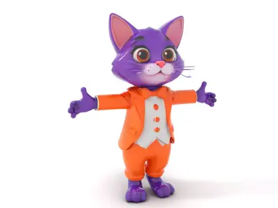 Purple Cartoon Cat in Orange Suit  Fully Rigged and Animated Low-poly 3D model