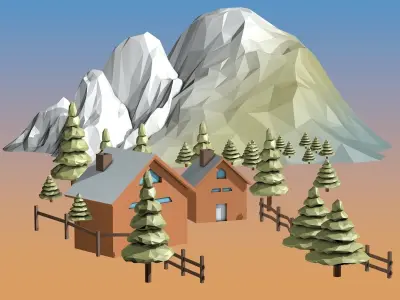 Cartoon Mountain Landscape with Houses and Forest Low-poly 3D model