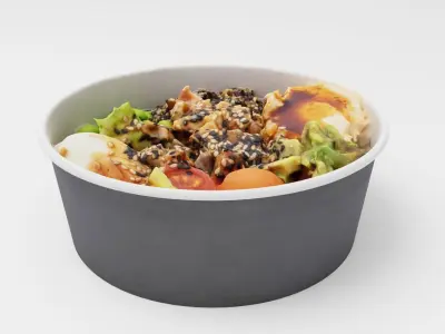 Poke bowl striped prawn or caramote prawn and Teriyaki sauce 3D model