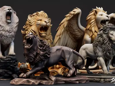 Lion Statues Pack VOL3 Low-poly 3D model