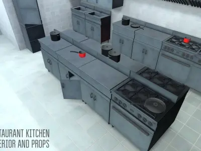 Restaurant kitchen - interior and props Low-poly 3D model