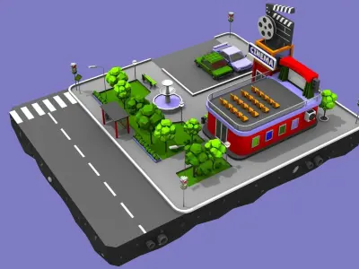 Cinema Block from Cartoon Low Poly City Low-poly 3D model