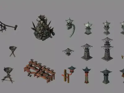 Game Architectural - stone lamp - brazier lamp 3D model