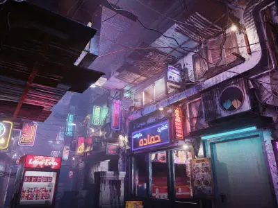 Cairo City Cyberpunk Streets - Animated Neon Signs - Day - Night 3D model