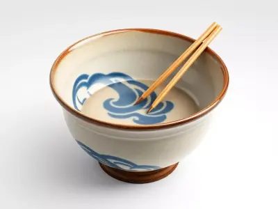 Japanese Ceramic Ramen Bowl with Chopsticks Low-poly 3D model
