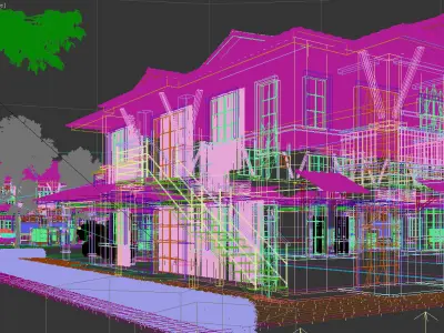 Tropical Suburban Terrace House 3D Scene Low-poly 3D model