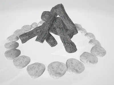 Campfire fire pit with rocks Low-poly 3D model