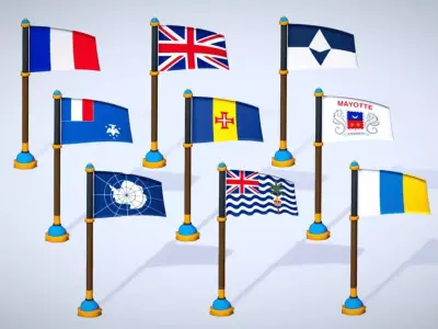 Antarctic Countries Flags Pack Toon Style Antarctica Region Low-poly 3D model