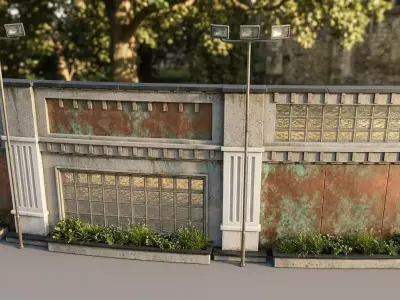 Modern Architectural Boundary Wall With Street Lights Low-poly 3D model