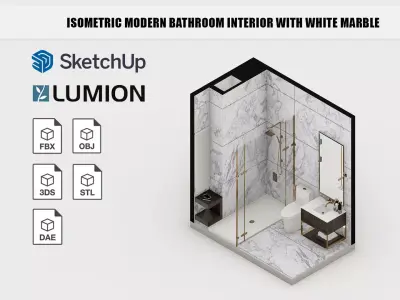 Isometric modern bathroom interior with white marble 3D model