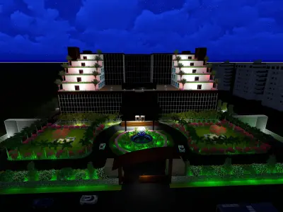 Hotel building with lot of greenery Low-poly 3D model