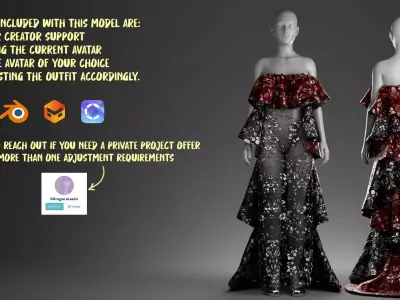 Metallic Floral Embroidered Tulle Gown with Bold Frills 3D model