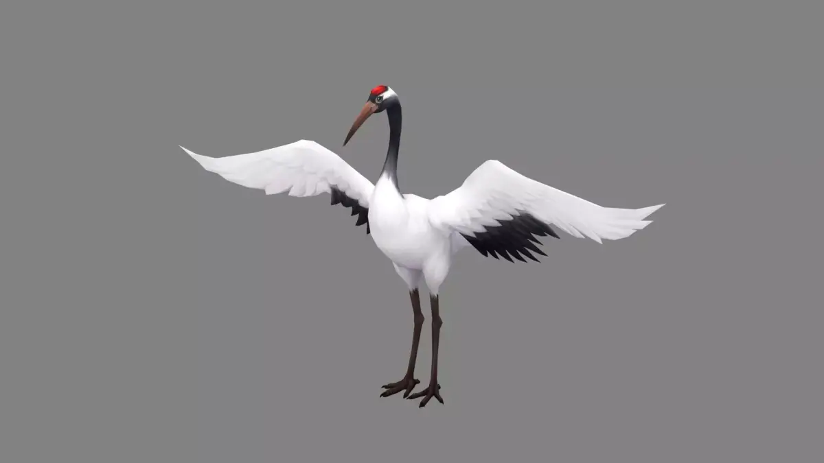 Cartoon White Crane - Red crowned Crane Low-poly 3D model