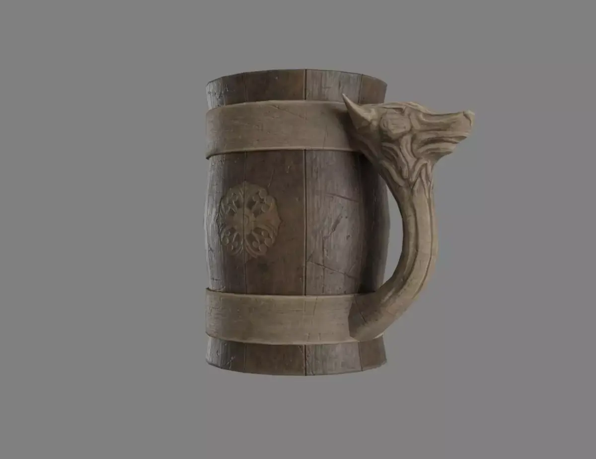 Wooden Historic Tankard with Wolf Low-poly 3D model