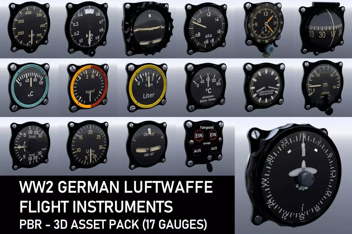 WW2 GERMAN FLIGHT INSTRUMENTS - ASSET PACK Low-poly 3D model