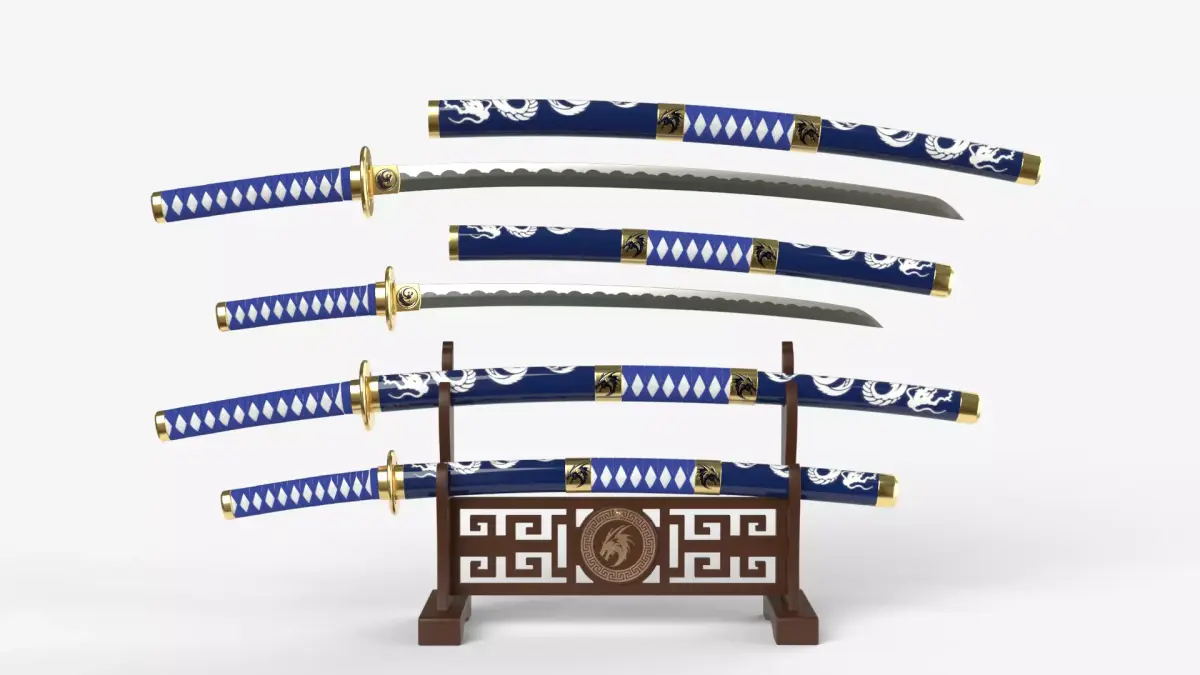Blue Double Bladed Katana Wakizashi and Stand 3D model