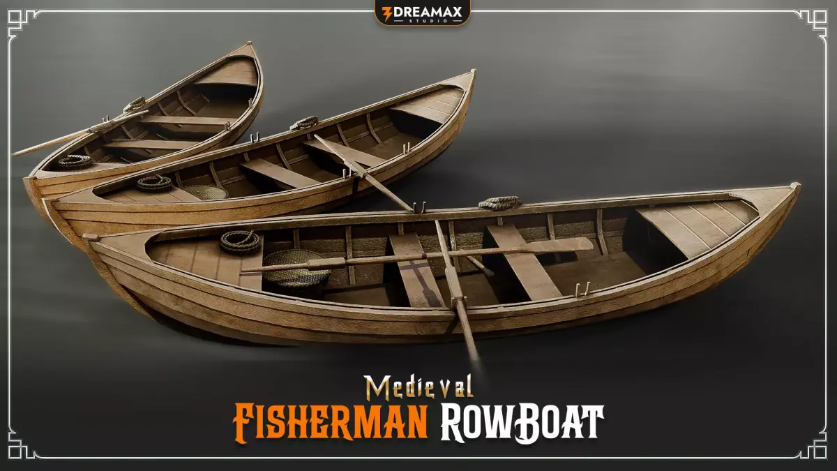 Medieval Fisherman Rowboat -  Wooden Fishing Boat Low-poly 3D model